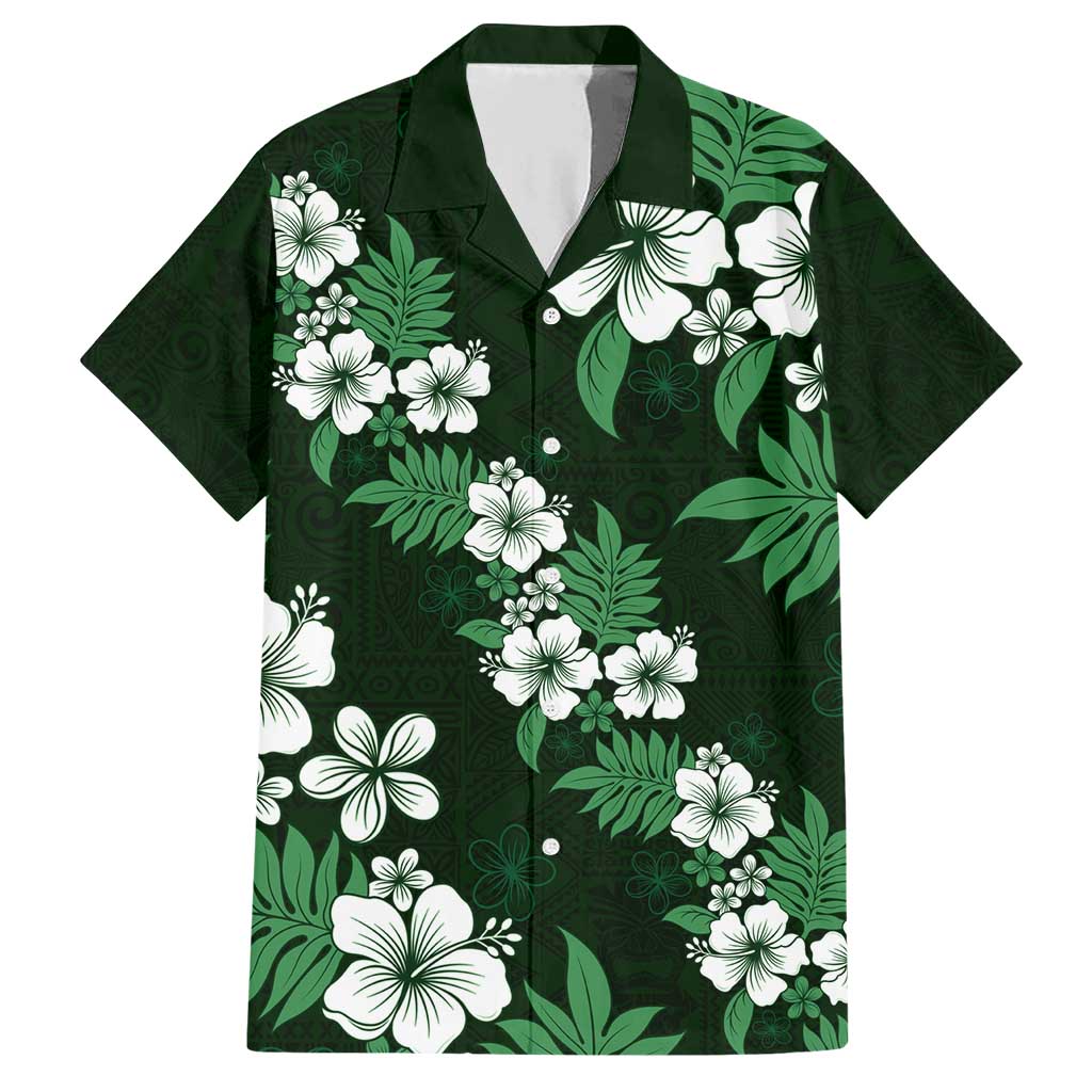 Hawaiian Hibiscus Tribal Floral Green Family Matching Short Sleeve Bodycon Dress and Hawaiian Shirt Polynesian Tapa Pattern - Polynesian Pride