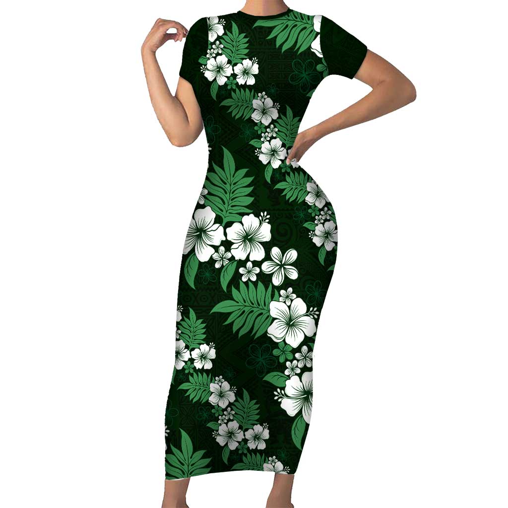 Hawaiian Hibiscus Tribal Floral Green Family Matching Short Sleeve Bodycon Dress and Hawaiian Shirt Polynesian Tapa Pattern - Polynesian Pride