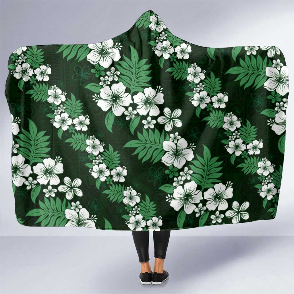 Hawaiian Hibiscus Tribal Floral Green Hooded Blanket Polynesian Tapa Pattern - Polynesian Pride