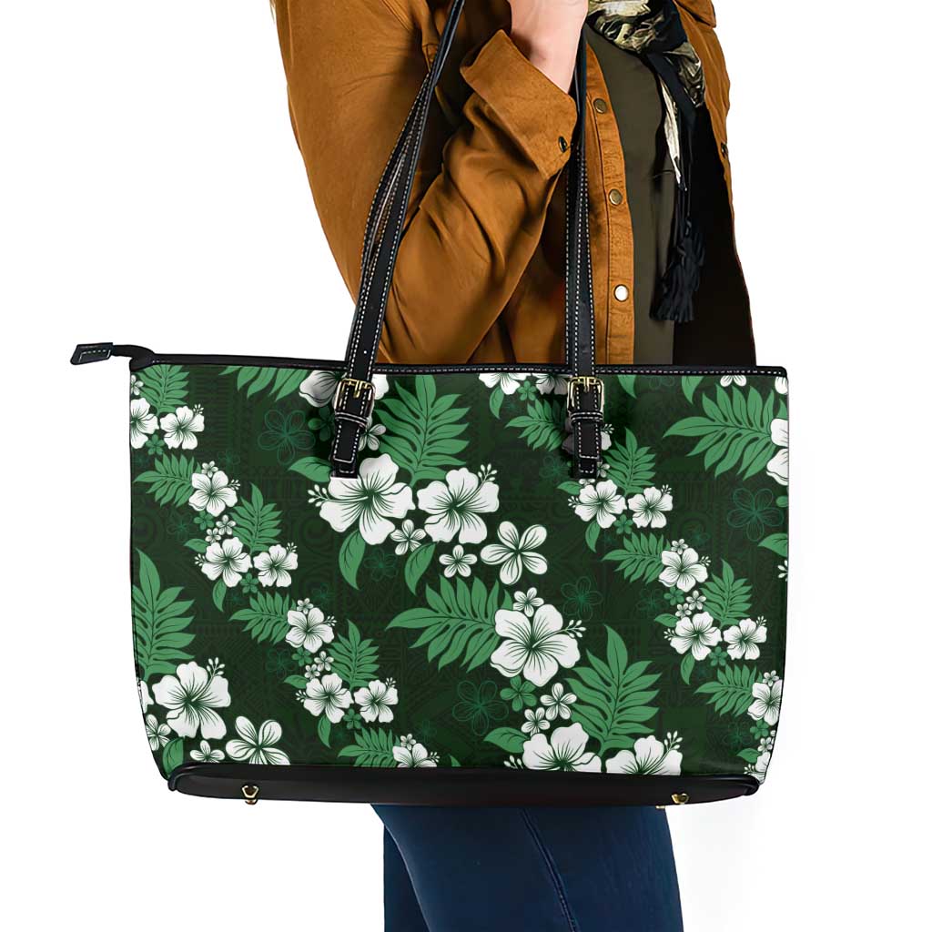 Hawaiian Hibiscus Tribal Floral Green Leather Tote Bag Polynesian Tapa Pattern - Polynesian Pride
