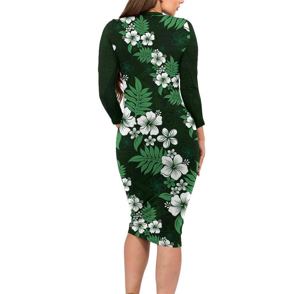 Hawaiian Hibiscus Tribal Floral Green Long Sleeve Bodycon Dress Polynesian Tapa Pattern - Polynesian Pride