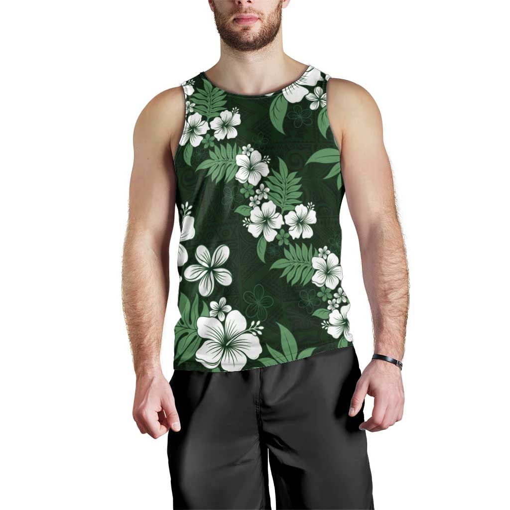 Hawaiian Hibiscus Tribal Floral Green Men Tank Top Polynesian Tapa Pattern - Polynesian Pride