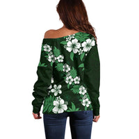 Hawaiian Hibiscus Tribal Floral Green Off Shoulder Sweater Polynesian Tapa Pattern - Polynesian Pride