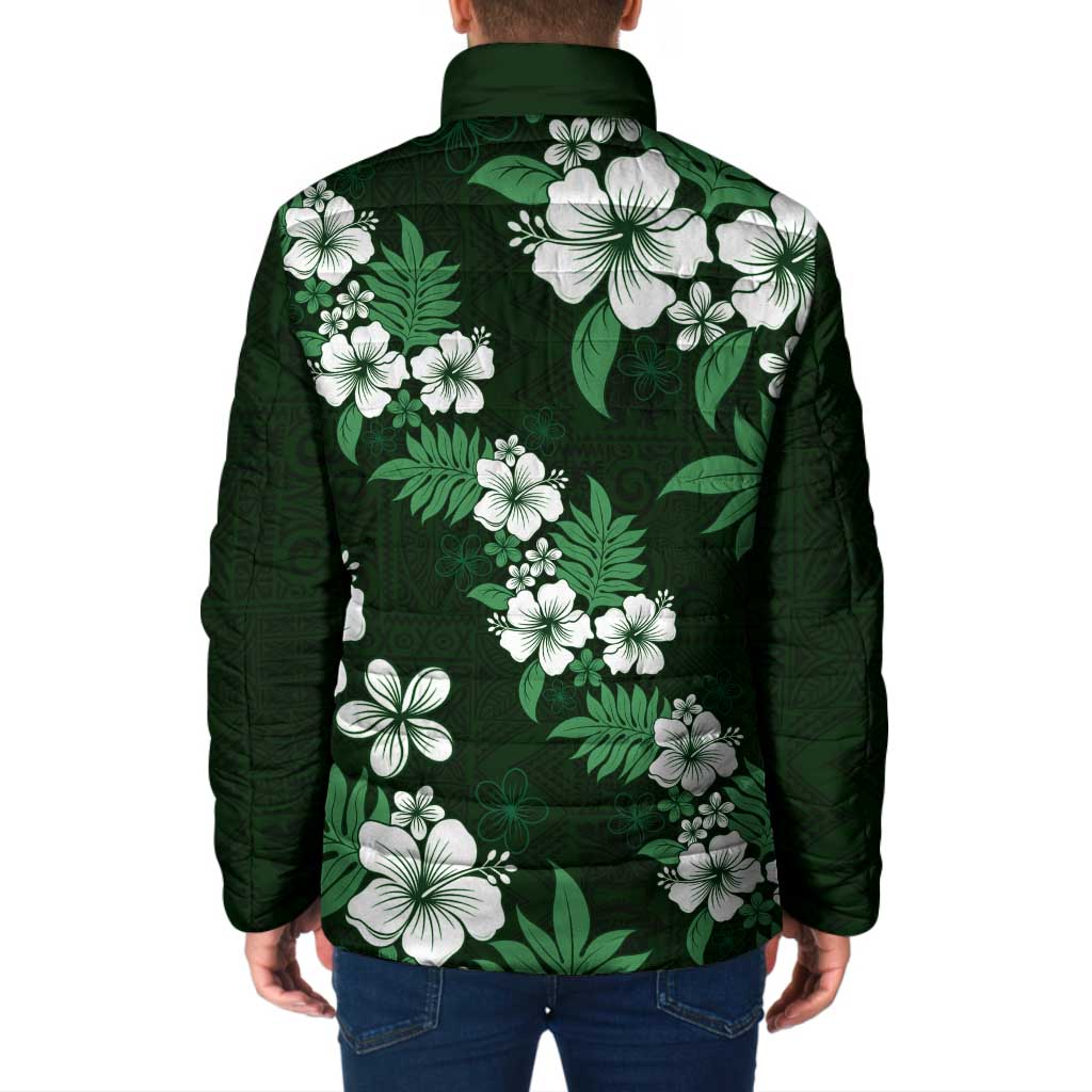 Hawaiian Hibiscus Tribal Floral Green Padded Jacket Polynesian Tapa Pattern - Polynesian Pride