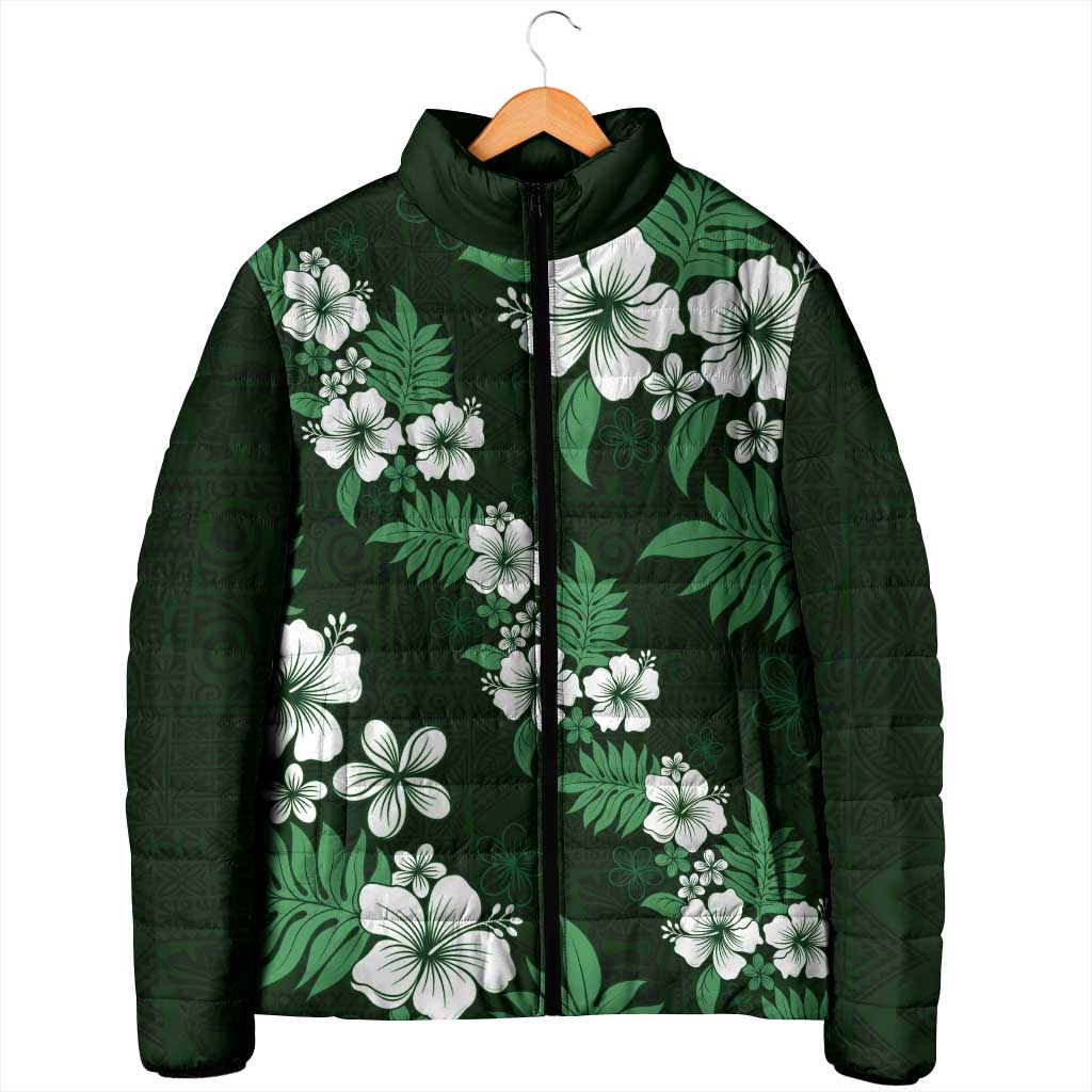 Hawaiian Hibiscus Tribal Floral Green Padded Jacket Polynesian Tapa Pattern - Polynesian Pride
