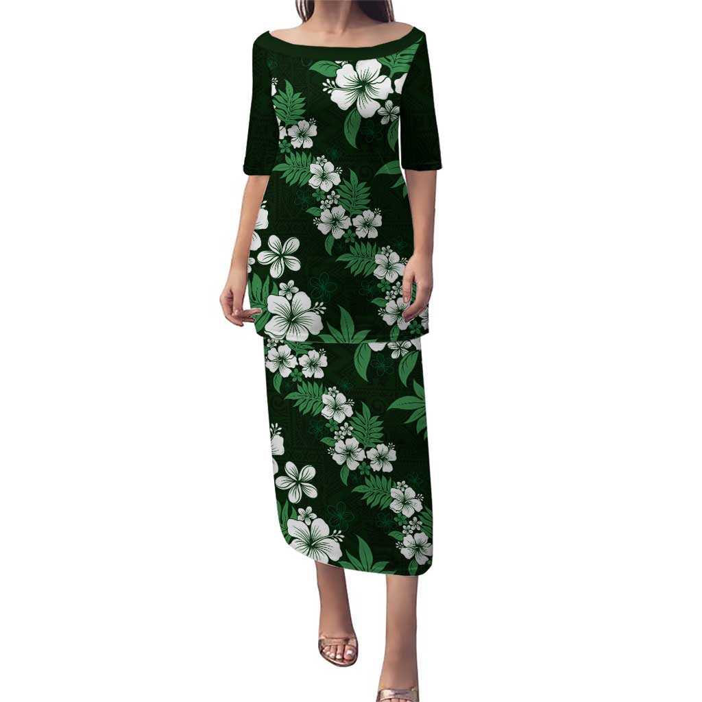 Hawaiian Hibiscus Tribal Floral Green Puletasi Polynesian Tapa Pattern - Polynesian Pride