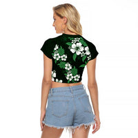 Hawaiian Hibiscus Tribal Floral Green Raglan Cropped T Shirt Polynesian Tapa Pattern - Polynesian Pride