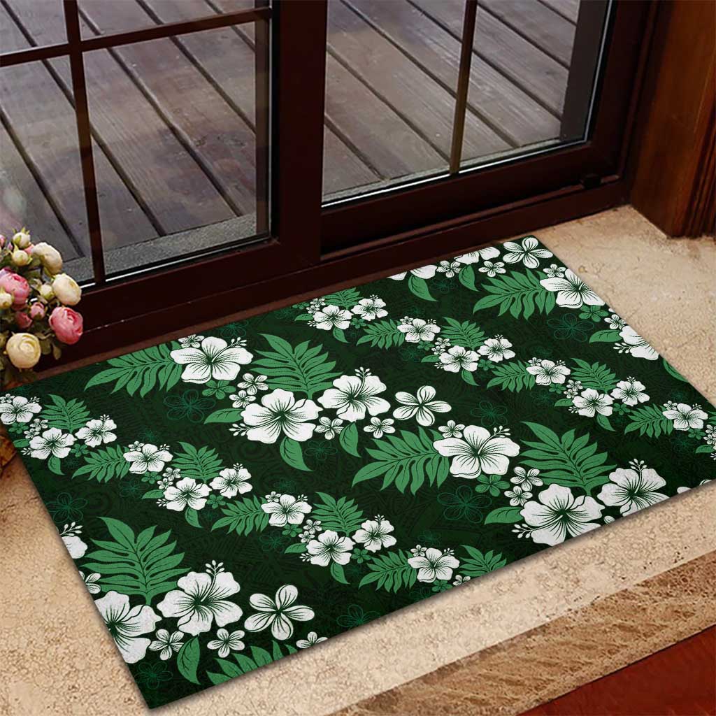 Hawaiian Hibiscus Tribal Floral Green Rubber Doormat Polynesian Tapa Pattern - Polynesian Pride