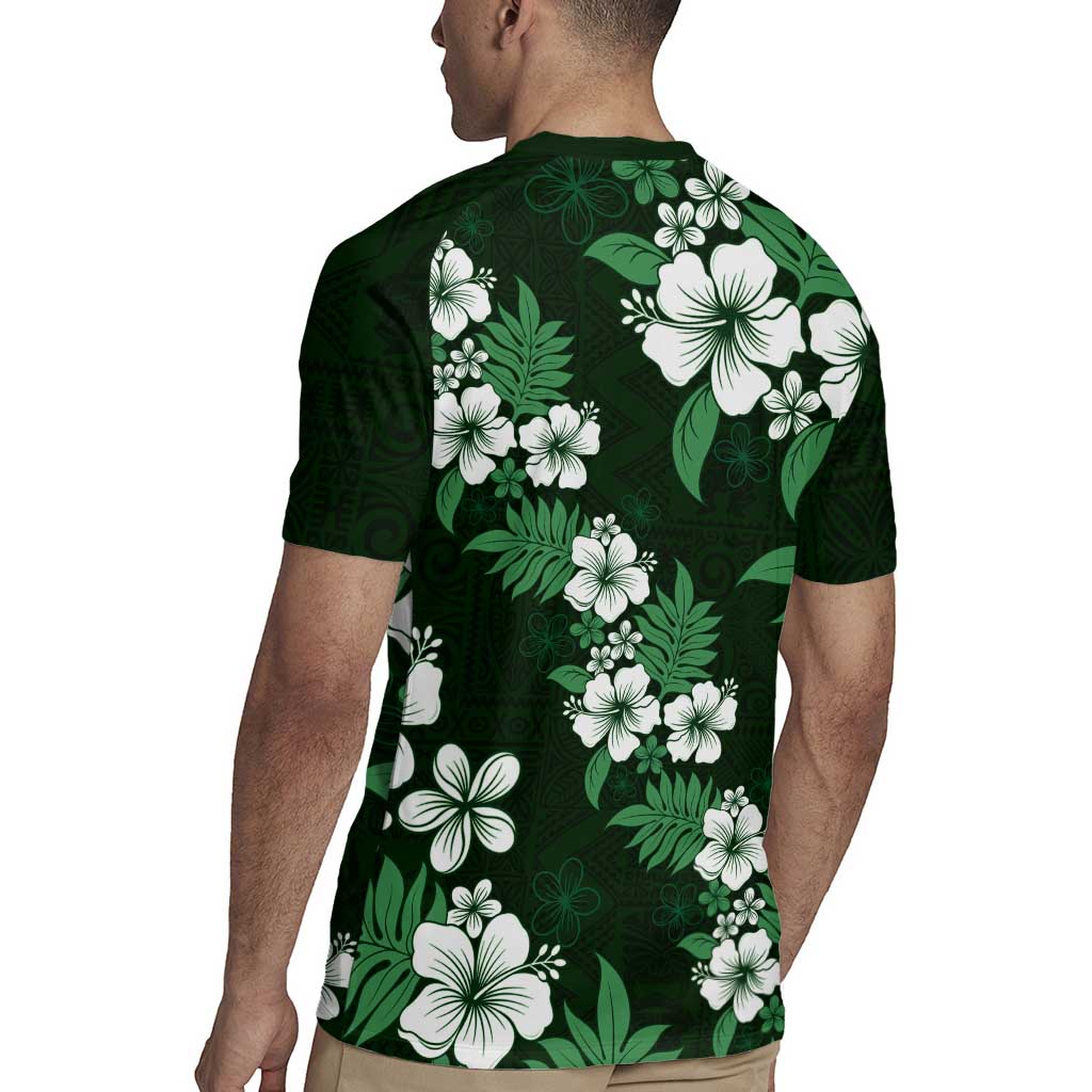 Hawaiian Hibiscus Tribal Floral Green Rugby Jersey Polynesian Tapa Pattern - Polynesian Pride