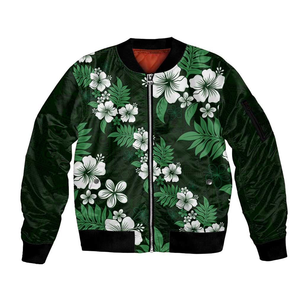 Hawaiian Hibiscus Tribal Floral Green Sleeve Zip Bomber Jacket Polynesian Tapa Pattern - Polynesian Pride
