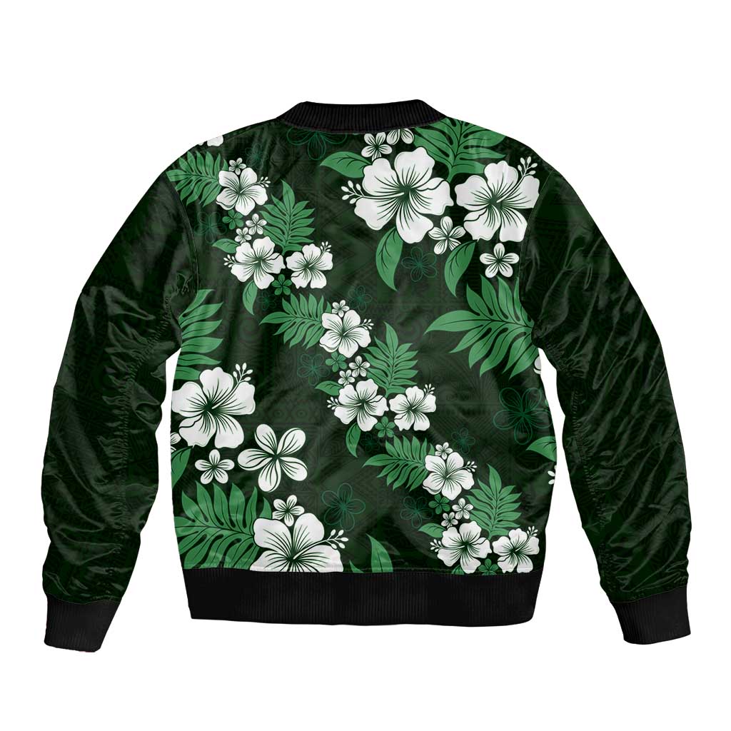 Hawaiian Hibiscus Tribal Floral Green Sleeve Zip Bomber Jacket Polynesian Tapa Pattern - Polynesian Pride