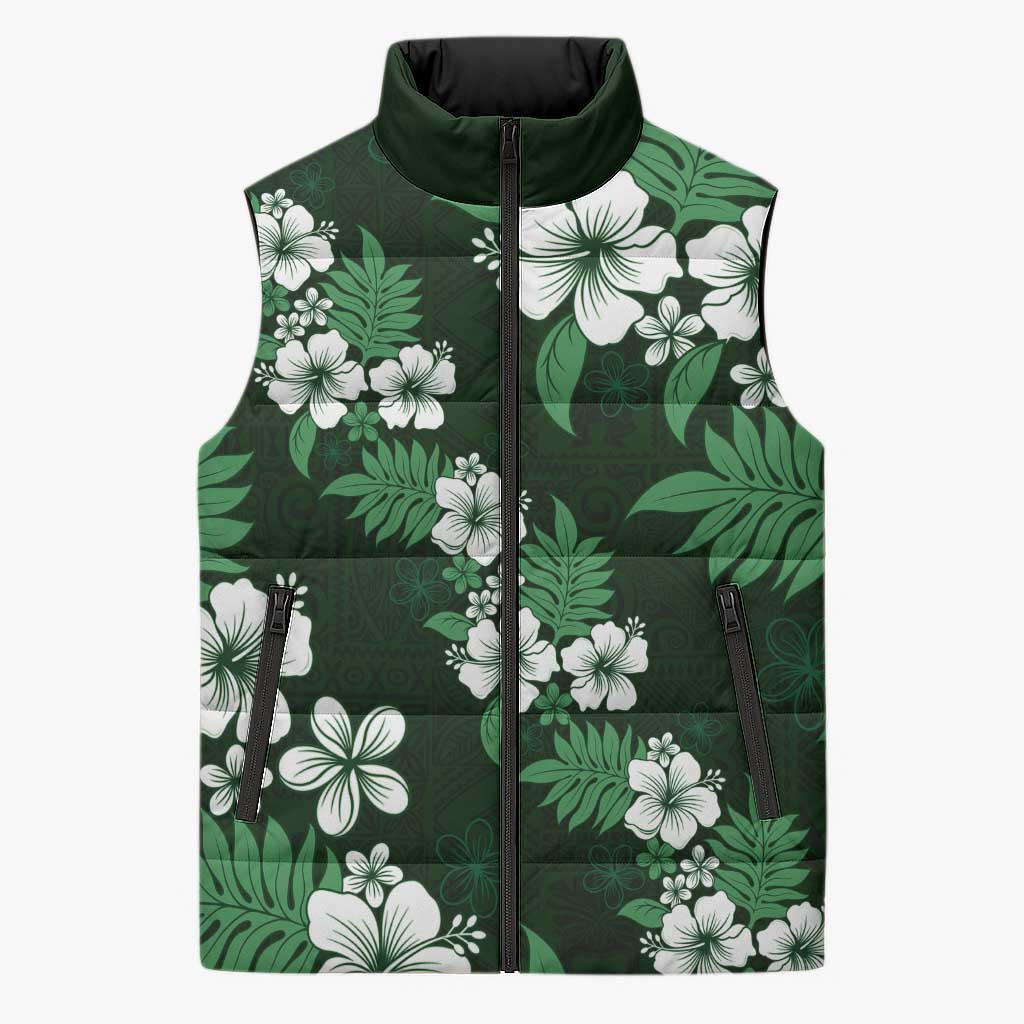 Hawaiian Hibiscus Tribal Floral Green Sleeveless Puffer Jacket Polynesian Tapa Pattern LT01 Unisex Green - Polynesian Pride