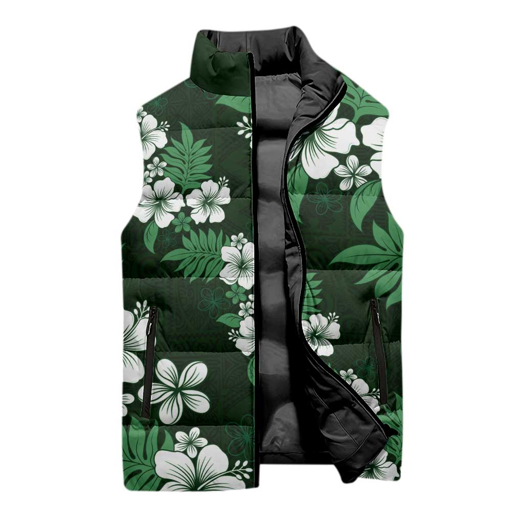 Hawaiian Hibiscus Tribal Floral Green Sleeveless Puffer Jacket Polynesian Tapa Pattern LT01 - Polynesian Pride