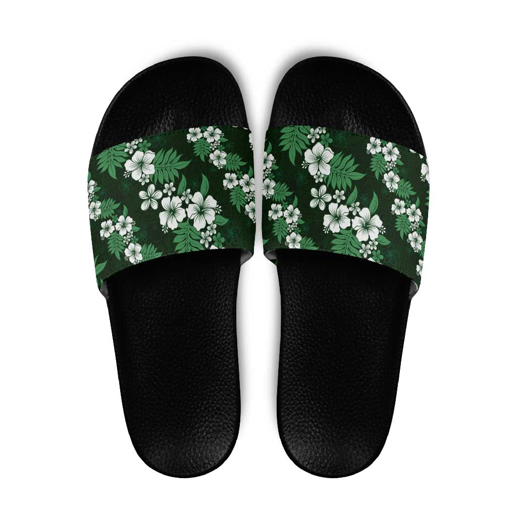 Hawaiian Hibiscus Tribal Floral Green Slide Sandals Polynesian Tapa Pattern - Polynesian Pride