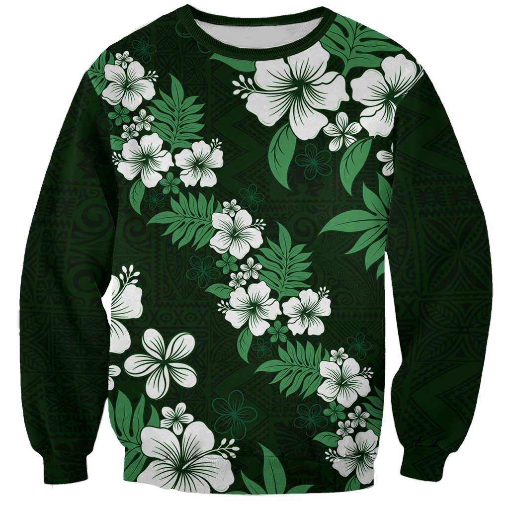 Hawaiian Hibiscus Tribal Floral Green Sweatshirt Polynesian Tapa Pattern - Polynesian Pride