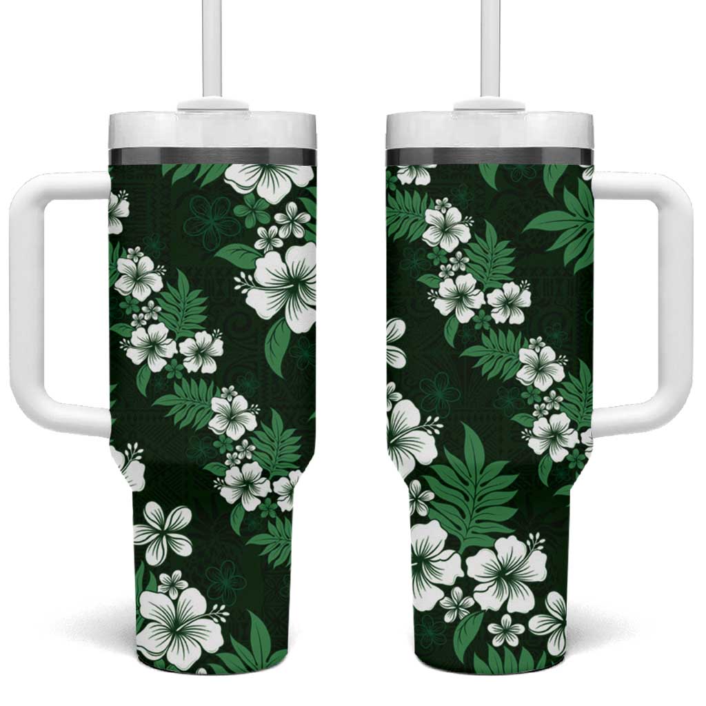 Hawaiian Hibiscus Tribal Floral Green Tumbler With Handle Polynesian Tapa Pattern - Polynesian Pride