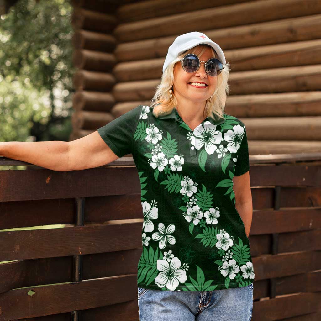 Hawaiian Hibiscus Tribal Floral Green Women Polo Shirt Polynesian Tapa Pattern - Polynesian Pride