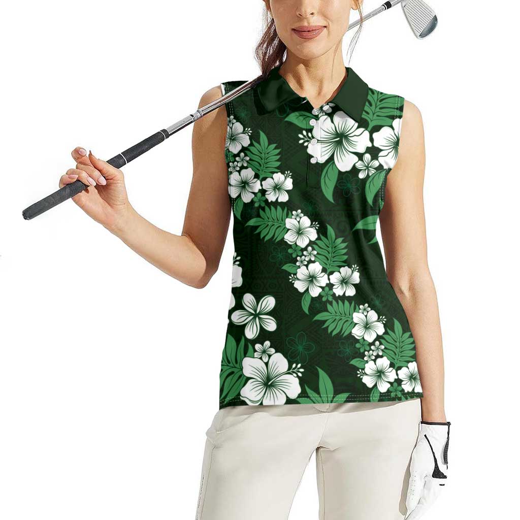 Hawaiian Hibiscus Tribal Floral Green Women Sleeveless Polo Shirt Polynesian Tapa Pattern LT01 - Polynesian Pride