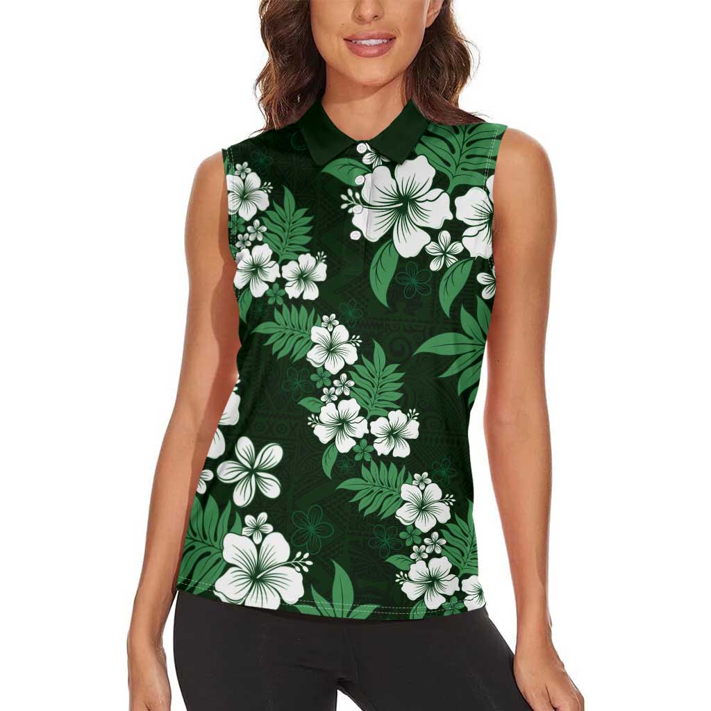 Hawaiian Hibiscus Tribal Floral Green Women Sleeveless Polo Shirt Polynesian Tapa Pattern LT01 - Polynesian Pride