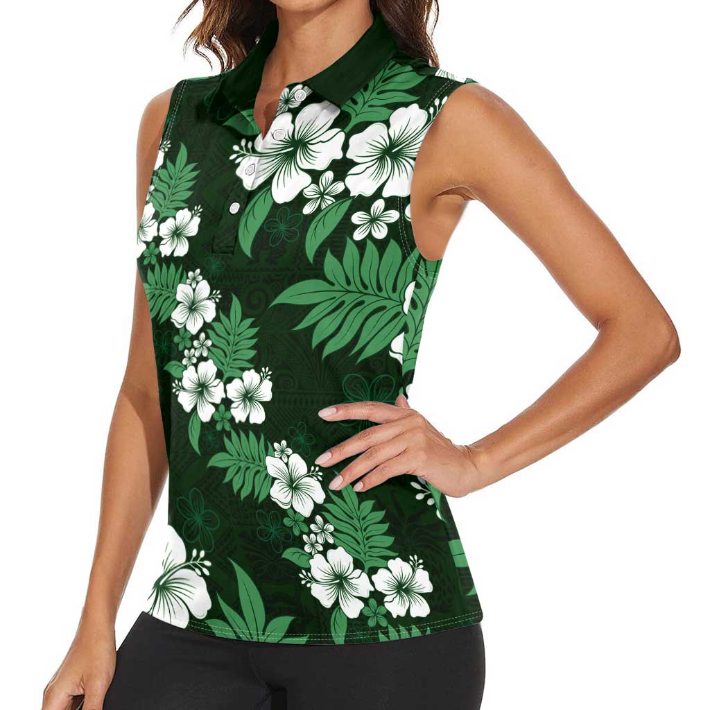 Hawaiian Hibiscus Tribal Floral Green Women Sleeveless Polo Shirt Polynesian Tapa Pattern LT01 - Polynesian Pride