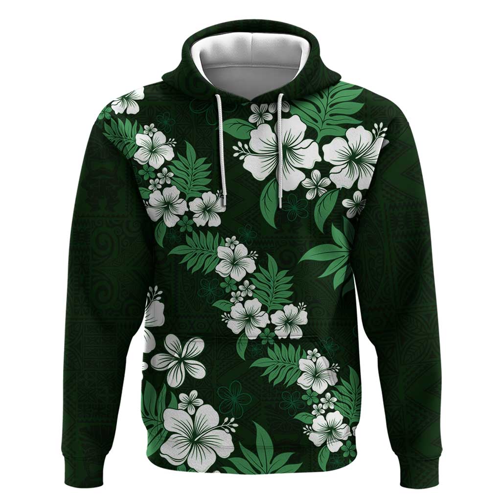 Hawaiian Hibiscus Tribal Floral Green Zip Hoodie Polynesian Tapa Pattern - Polynesian Pride