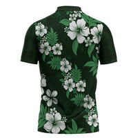 Hawaiian Hibiscus Tribal Floral Green Zipper Polo Shirt Polynesian Tapa Pattern - Polynesian Pride