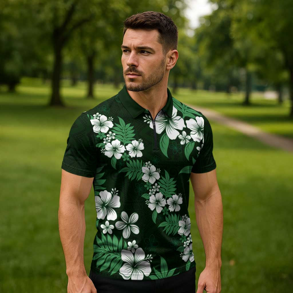 Hawaiian Hibiscus Tribal Floral Green Zipper Polo Shirt Polynesian Tapa Pattern - Polynesian Pride