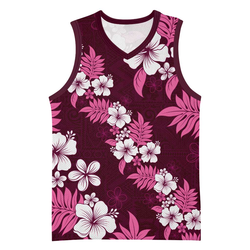 Hawaiian Hibiscus Tribal Floral Pink Basketball Jersey Polynesian Tapa Pattern - Polynesian Pride