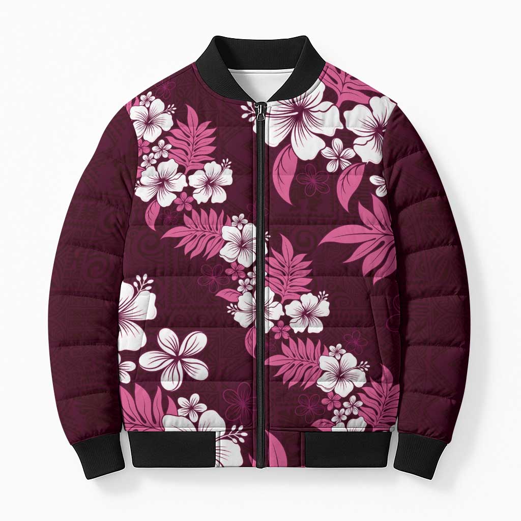 Hawaiian Hibiscus Tribal Floral Pink Bomber Puffer Jacket Polynesian Tapa Pattern - Polynesian Pride