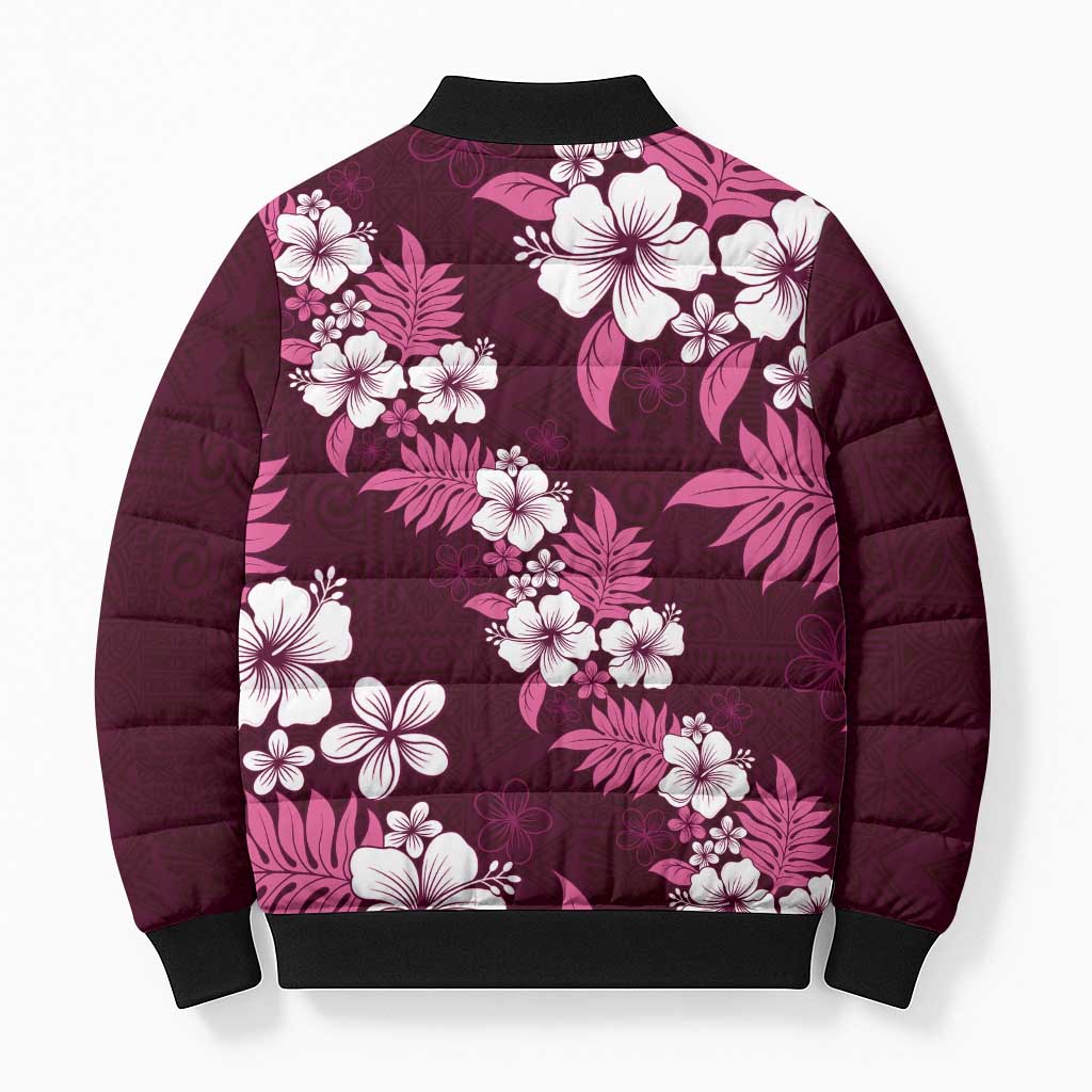 Hawaiian Hibiscus Tribal Floral Pink Bomber Puffer Jacket Polynesian Tapa Pattern - Polynesian Pride