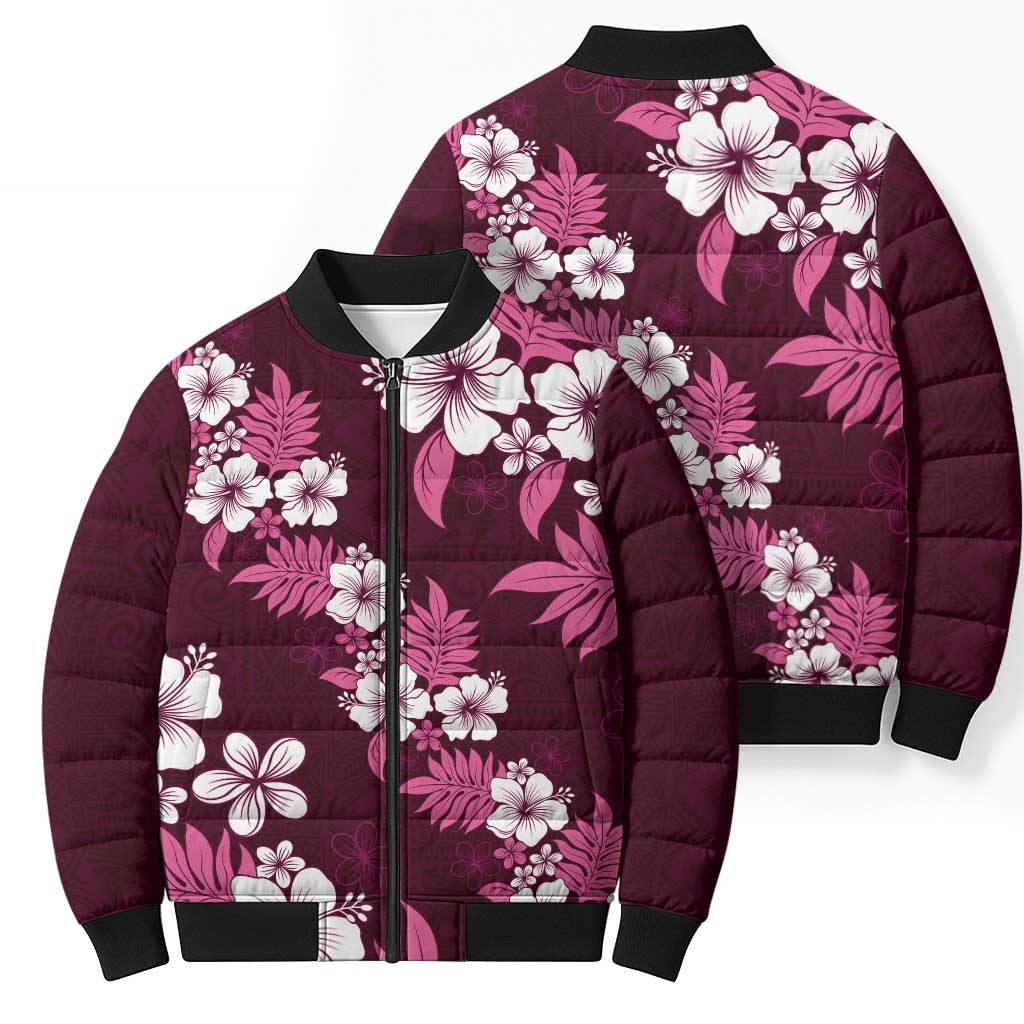 Hawaiian Hibiscus Tribal Floral Pink Bomber Puffer Jacket Polynesian Tapa Pattern - Polynesian Pride