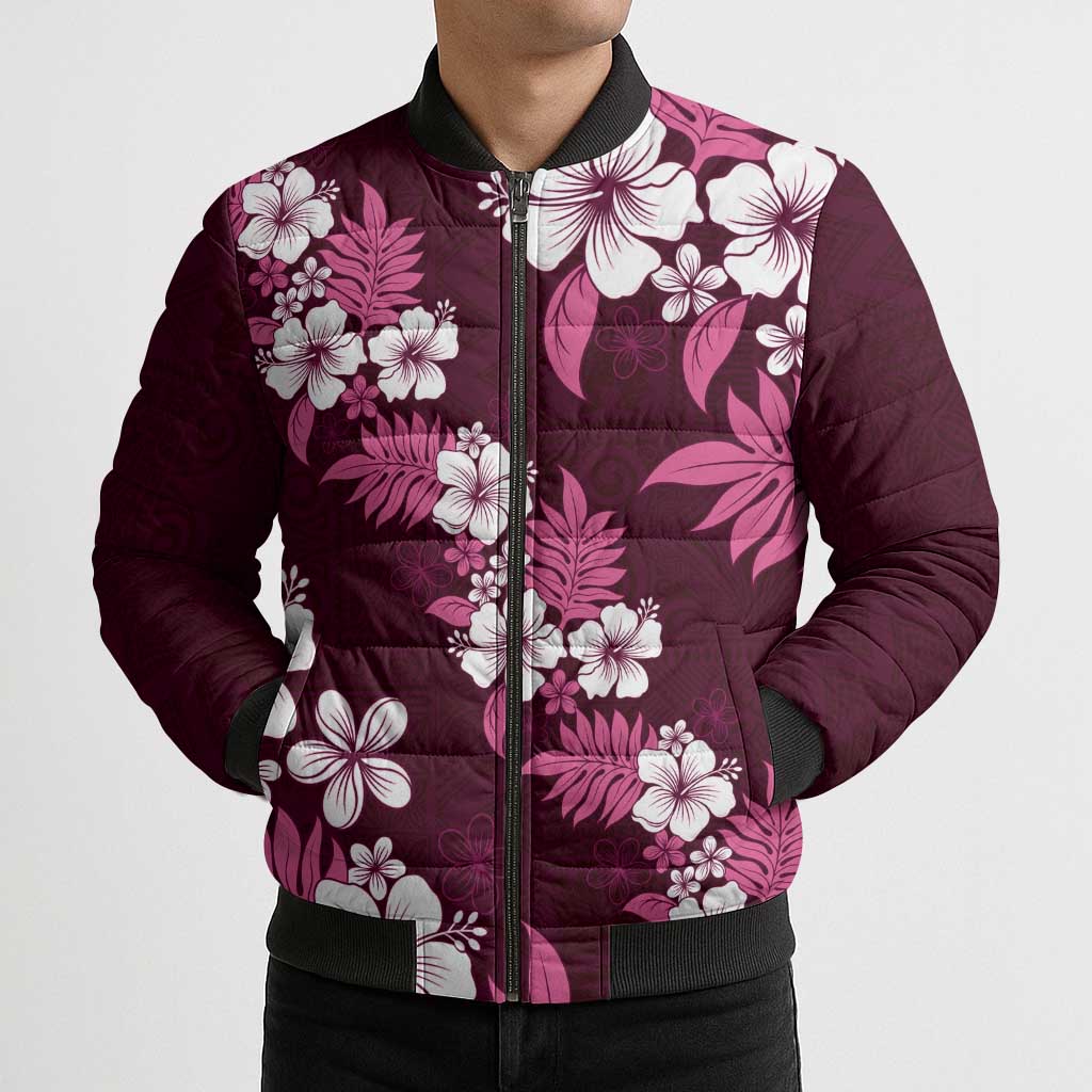 Hawaiian Hibiscus Tribal Floral Pink Bomber Puffer Jacket Polynesian Tapa Pattern - Polynesian Pride