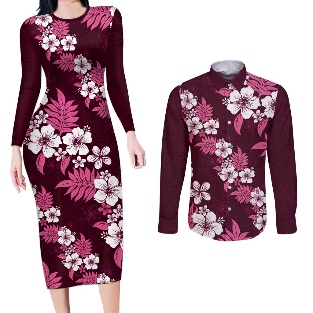 Hawaiian Hibiscus Tribal Floral Pink Couples Matching Long Sleeve Bodycon Dress and Long Sleeve Button Shirt Polynesian Tapa Pattern - Polynesian Pride