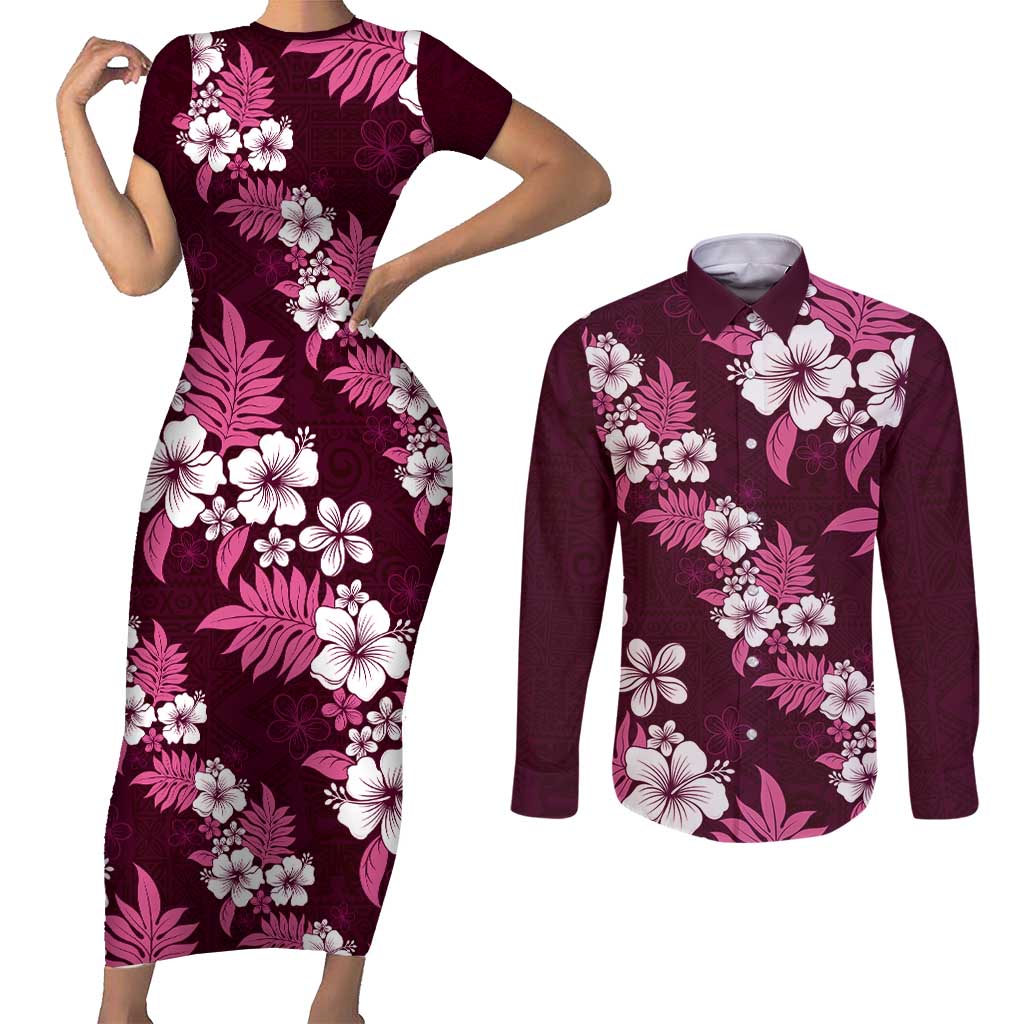 Hawaiian Hibiscus Tribal Floral Pink Couples Matching Short Sleeve Bodycon Dress and Long Sleeve Button Shirt Polynesian Tapa Pattern - Polynesian Pride