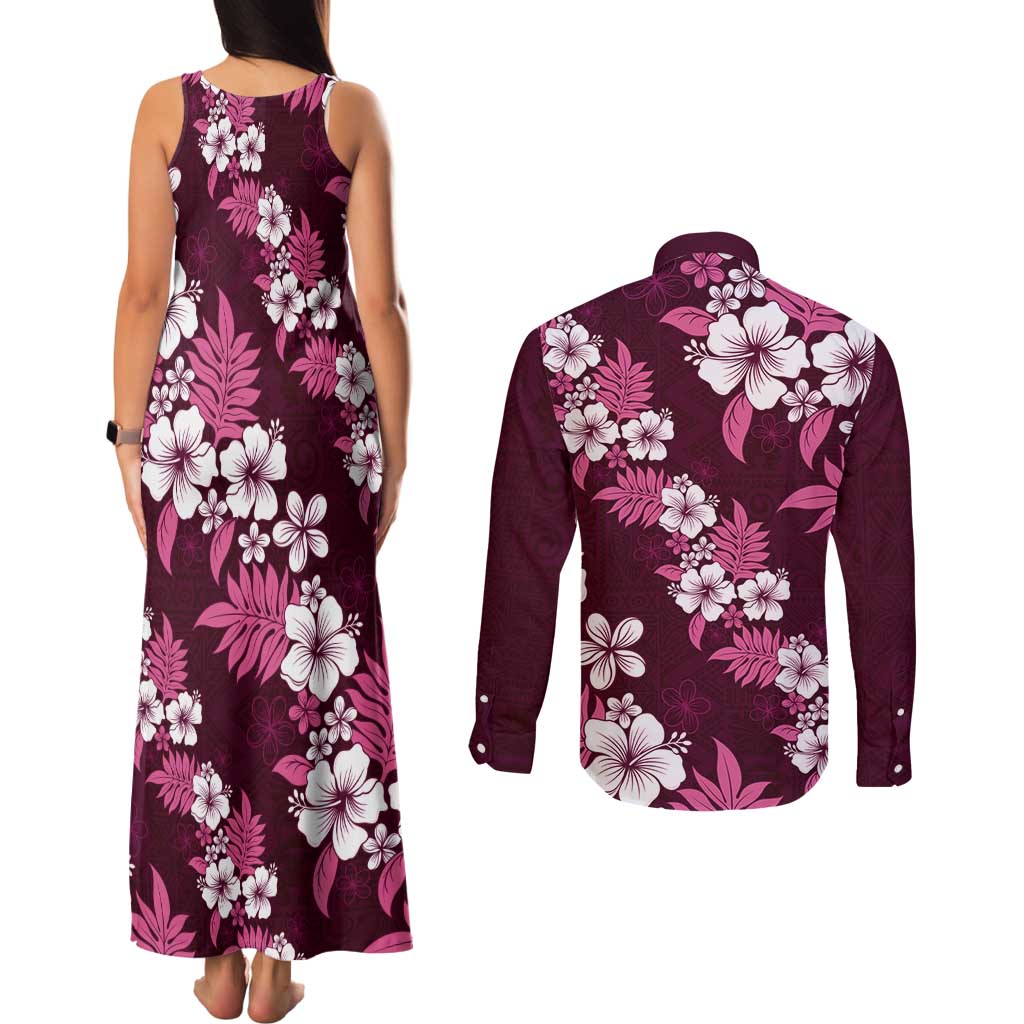 Hawaiian Hibiscus Tribal Floral Pink Couples Matching Tank Maxi Dress and Long Sleeve Button Shirt Polynesian Tapa Pattern - Polynesian Pride