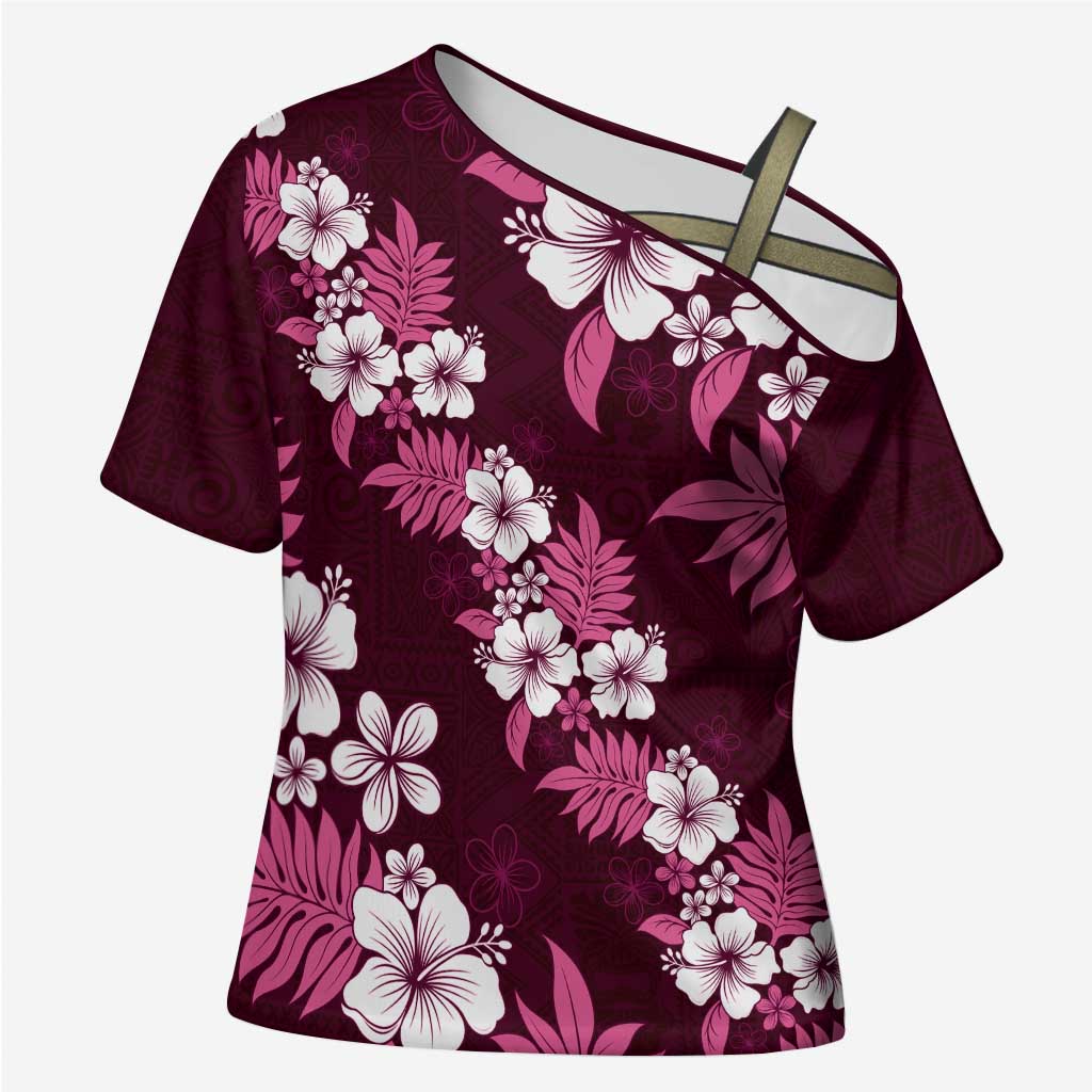 Hawaiian Hibiscus Tribal Floral Pink Cross Shoulder Shirt Polynesian Tapa Pattern LT01 Female Pink - Polynesian Pride