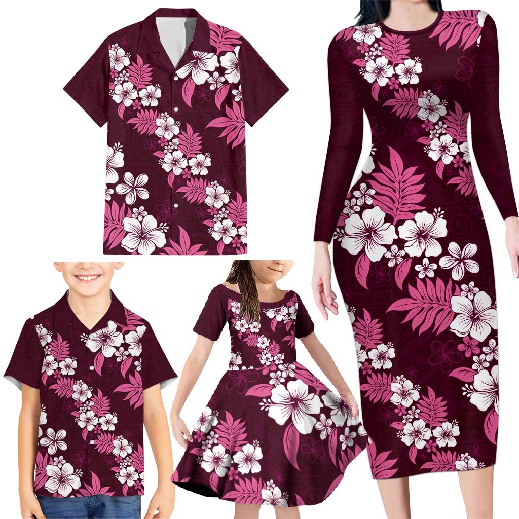 Hawaiian Hibiscus Tribal Floral Pink Family Matching Long Sleeve Bodycon Dress and Hawaiian Shirt Polynesian Tapa Pattern - Polynesian Pride
