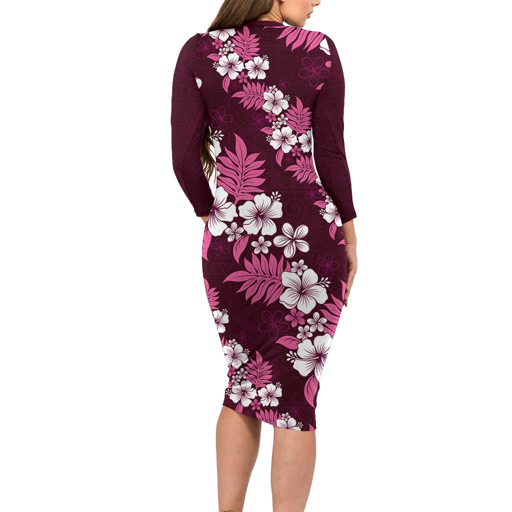 Hawaiian Hibiscus Tribal Floral Pink Family Matching Long Sleeve Bodycon Dress and Hawaiian Shirt Polynesian Tapa Pattern - Polynesian Pride