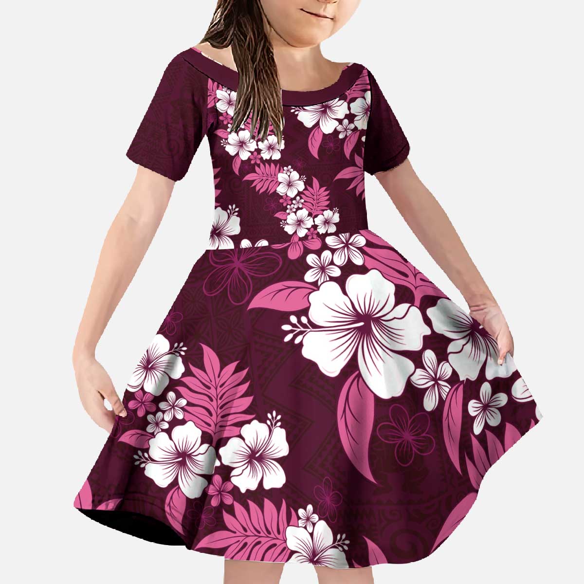 Hawaiian Hibiscus Tribal Floral Pink Family Matching Off The Shoulder Long Sleeve Dress and Hawaiian Shirt Polynesian Tapa Pattern - Polynesian Pride