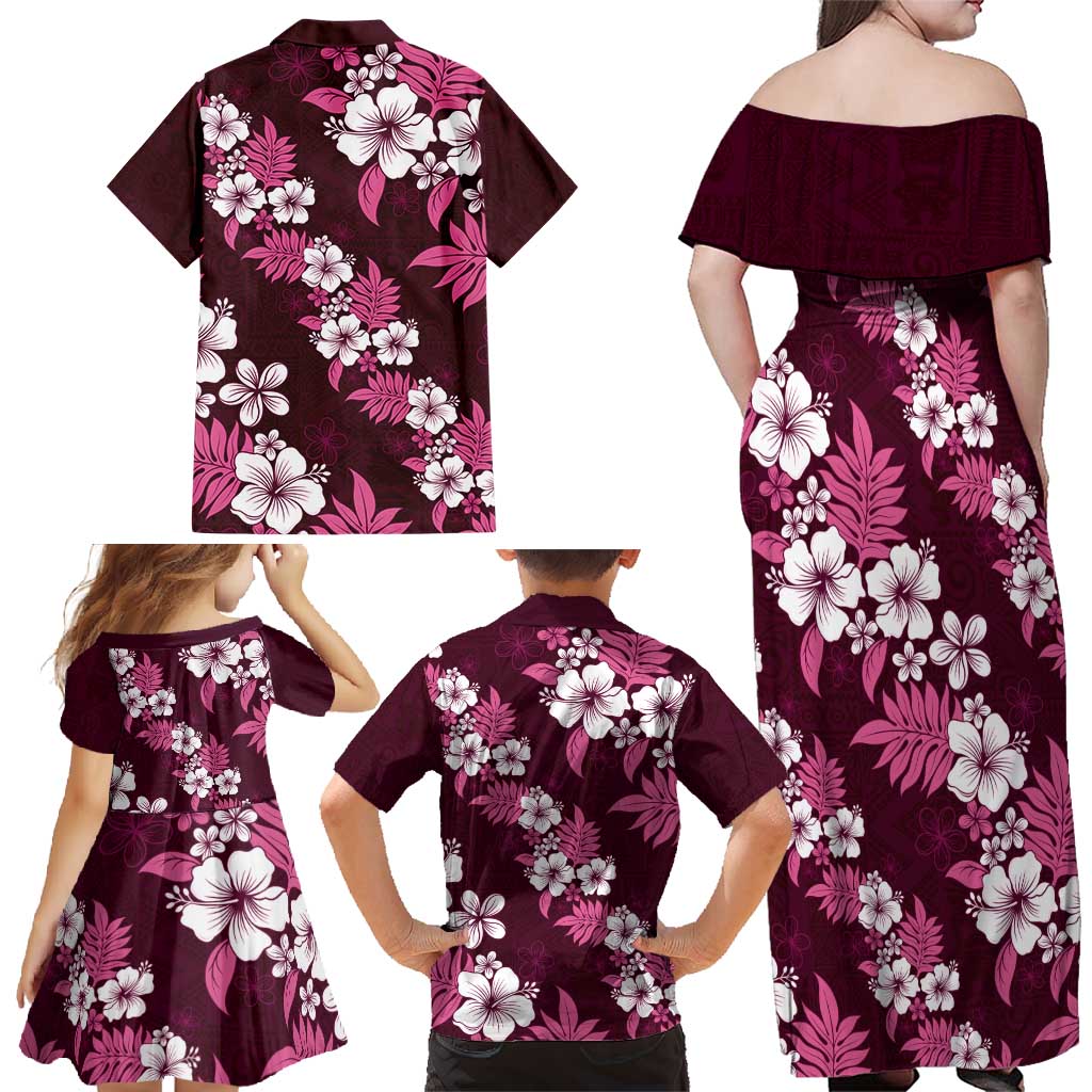 Hawaiian Hibiscus Tribal Floral Pink Family Matching Off Shoulder Maxi Dress and Hawaiian Shirt Polynesian Tapa Pattern - Polynesian Pride