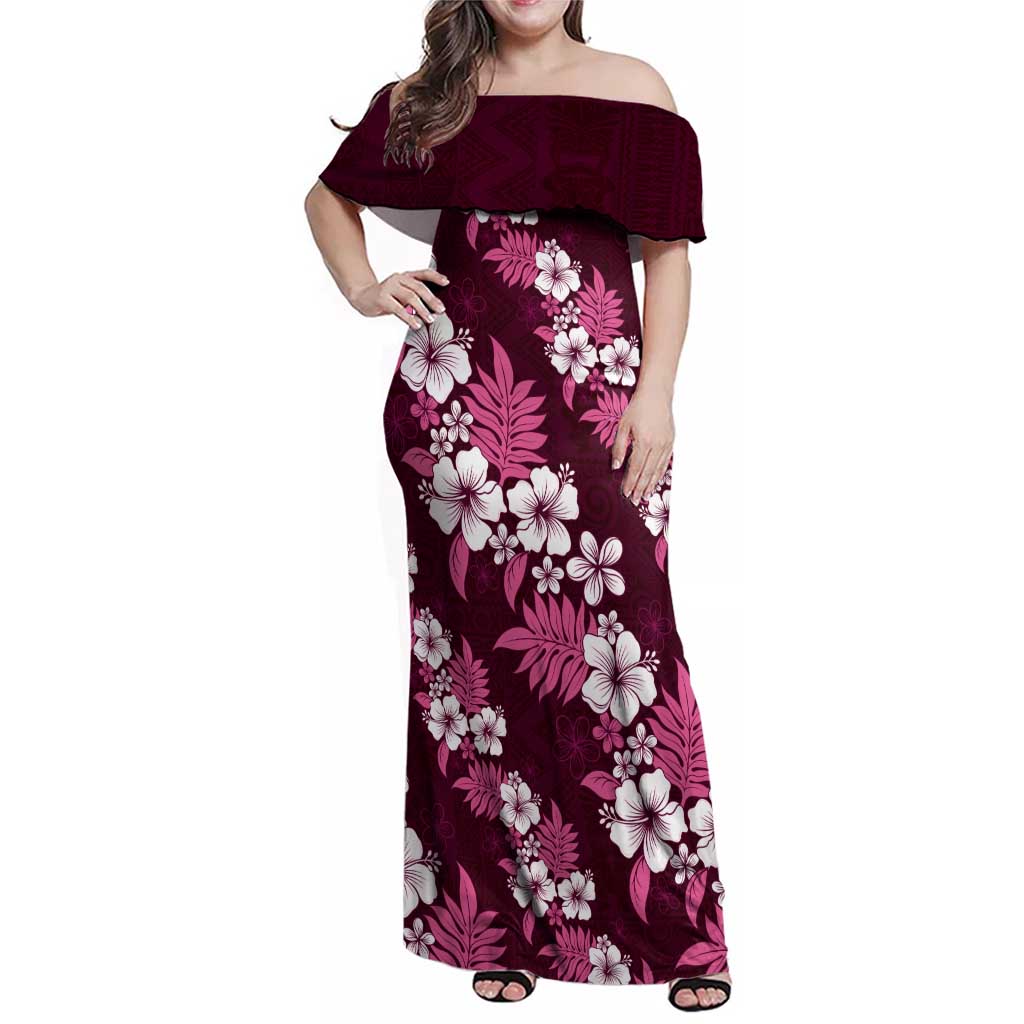 Hawaiian Hibiscus Tribal Floral Pink Family Matching Off Shoulder Maxi Dress and Hawaiian Shirt Polynesian Tapa Pattern - Polynesian Pride