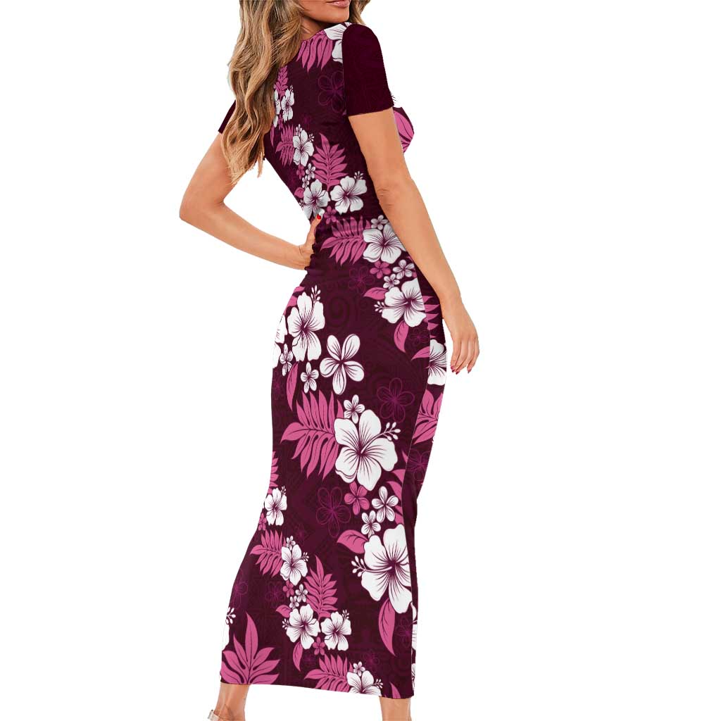 Hawaiian Hibiscus Tribal Floral Pink Family Matching Short Sleeve Bodycon Dress and Hawaiian Shirt Polynesian Tapa Pattern - Polynesian Pride