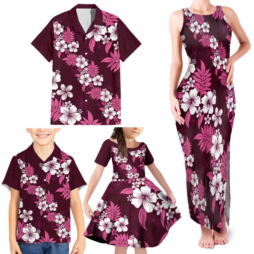 Hawaiian Hibiscus Tribal Floral Pink Family Matching Tank Maxi Dress and Hawaiian Shirt Polynesian Tapa Pattern - Polynesian Pride