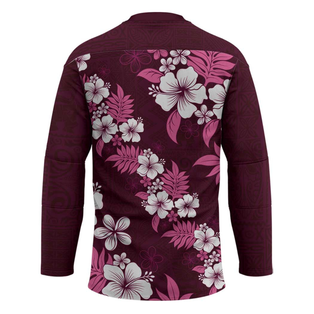 Hawaiian Hibiscus Tribal Floral Pink Hockey Jersey Polynesian Tapa Pattern - Polynesian Pride