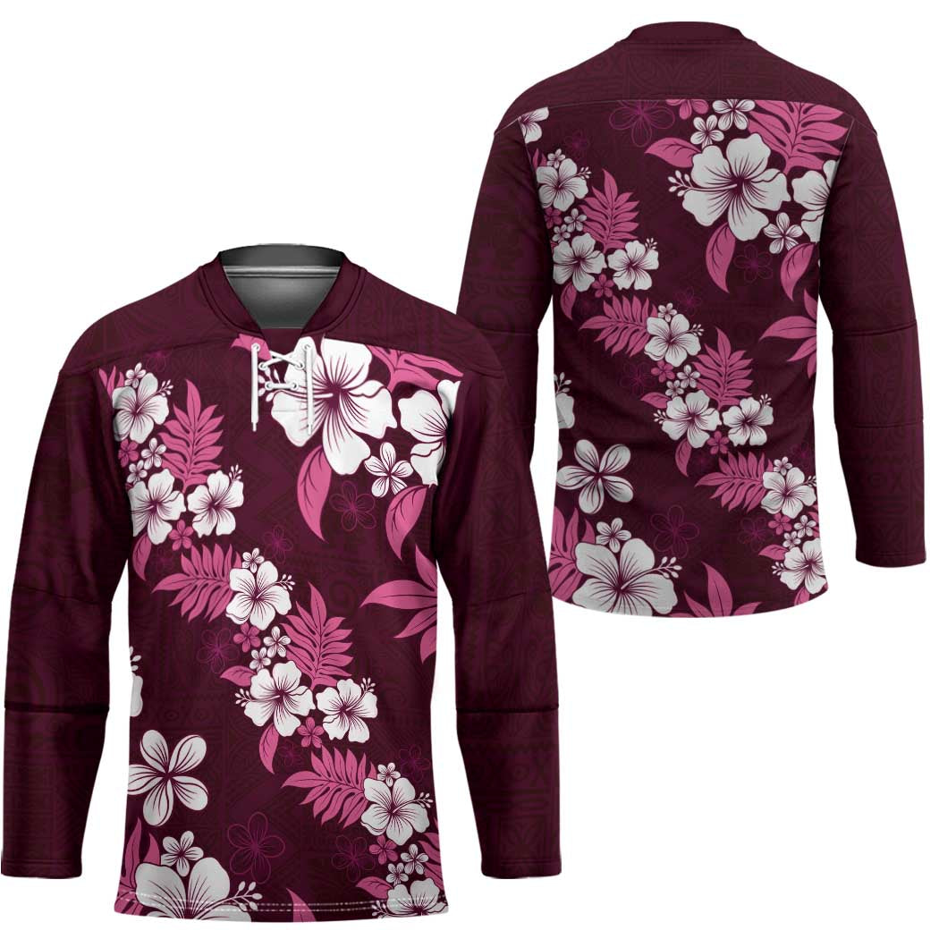 Hawaiian Hibiscus Tribal Floral Pink Hockey Jersey Polynesian Tapa Pattern - Polynesian Pride