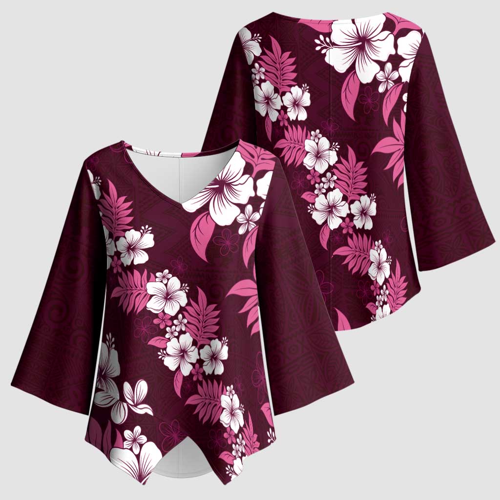 Hawaiian Hibiscus Tribal Floral Pink Kimono Sleeve Blouse Polynesian Tapa Pattern - Polynesian Pride