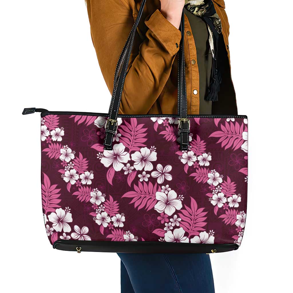 Hawaiian Hibiscus Tribal Floral Pink Leather Tote Bag Polynesian Tapa Pattern - Polynesian Pride