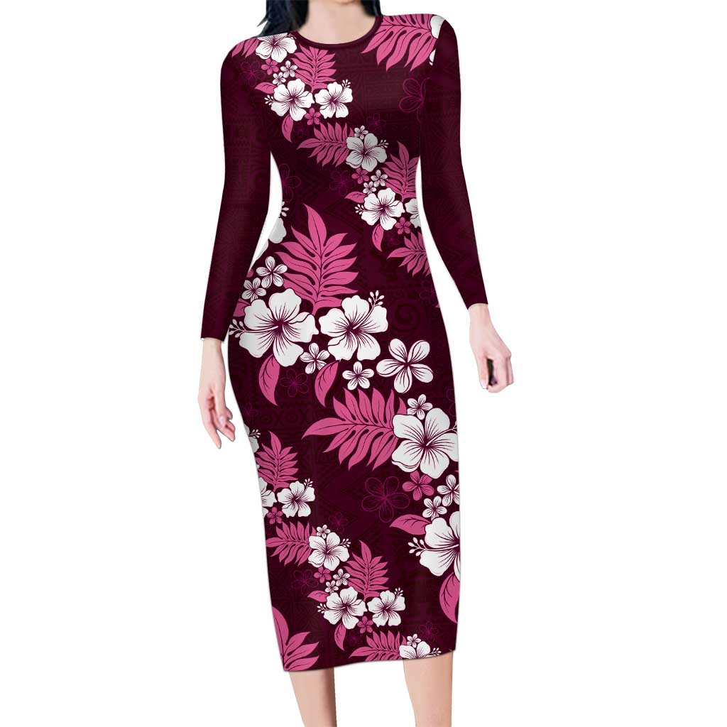 Hawaiian Hibiscus Tribal Floral Pink Long Sleeve Bodycon Dress Polynesian Tapa Pattern - Polynesian Pride