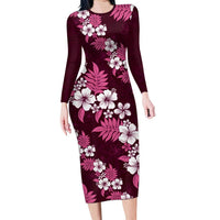 Hawaiian Hibiscus Tribal Floral Pink Long Sleeve Bodycon Dress Polynesian Tapa Pattern - Polynesian Pride