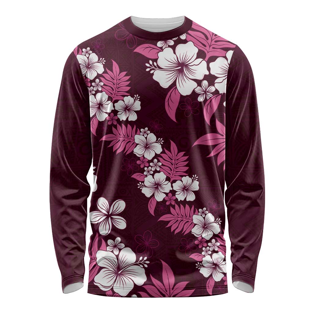Hawaiian Hibiscus Tribal Floral Pink Long Sleeve Shirt Polynesian Tapa Pattern - Polynesian Pride